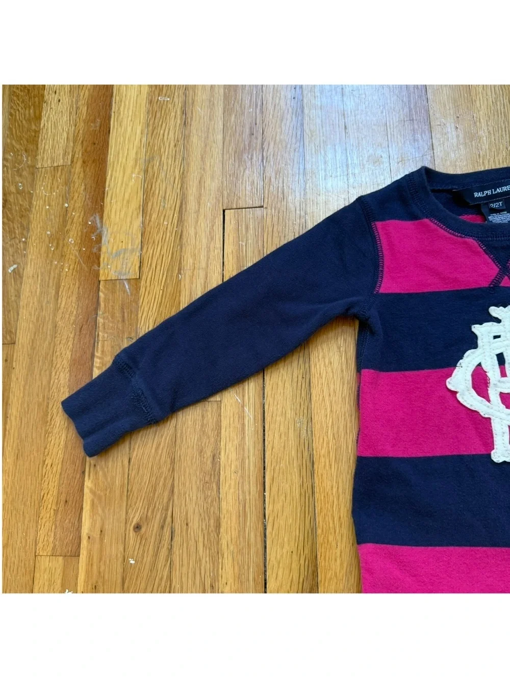 Ralph Lauren Striped Jersey Dress Toddler Size 2T Pink Navy Blue Logo Crest Girl